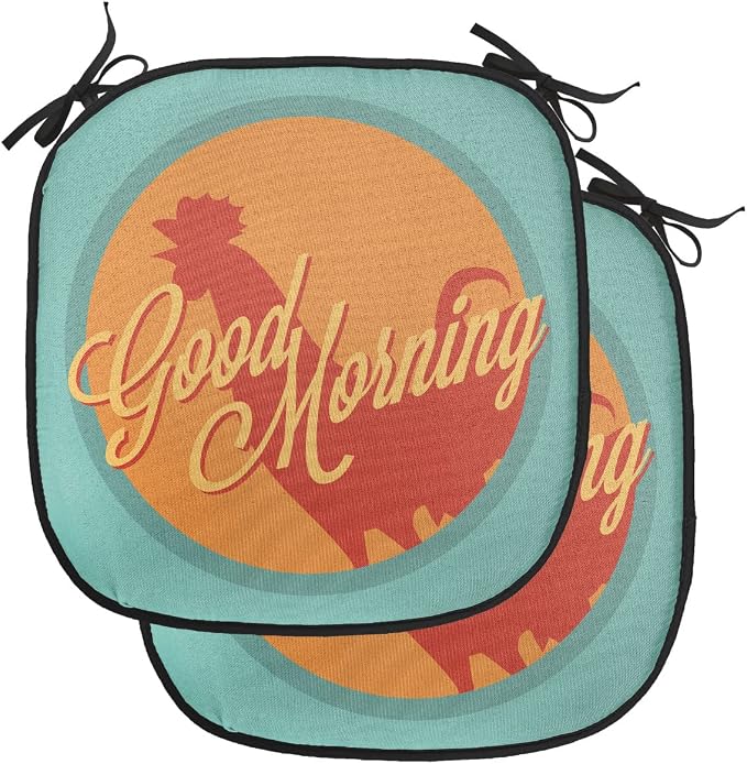 Lunarable Gallus Chair Cushion Pads Set of 2, Rooster and Sun Morning Vintage Agriculture Sunrise Farm Landscape, Anti-Slip Seat Padding for Kitchen & Patio, 16"x16", Turquoise Orange Ruby