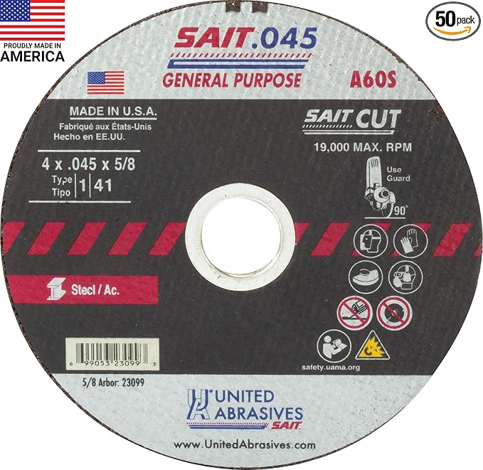 United Abrasives-SAIT 23099 A60S General Purpose Cut-Off Wheels (Type 1/Type 41 Flat) 4" x .045" x 5/8", 50-Pack