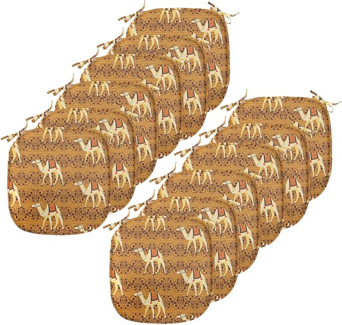 Lunarable Camel Chair Seating Cushion Set of 12, Traditional Pattern with Strokes Desert Animal Repetition in Folk Accessories, Anti-Slip Seat Padding for Kitchen & Patio, 16"x16", Apricot and Cream