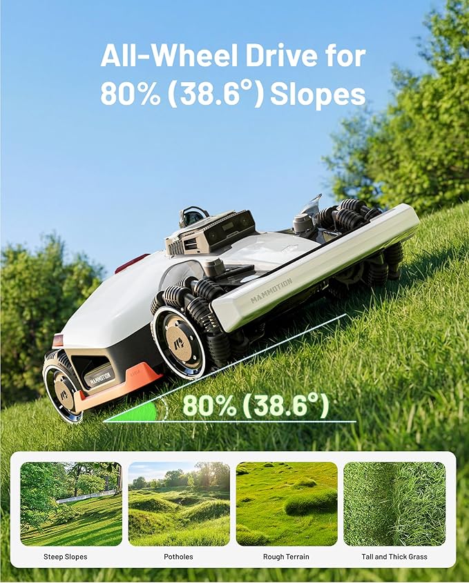 Mammotion LUBA 3 AWD 3000 Robot Lawn Mower with Garage, 0.75 Acre, 360° LiDAR+NetRTK+AI Vision, All-Wheel-Drive for 80% Slopes, 30 Multi-Zone Management, Cutting Height 1.0"-2.7"