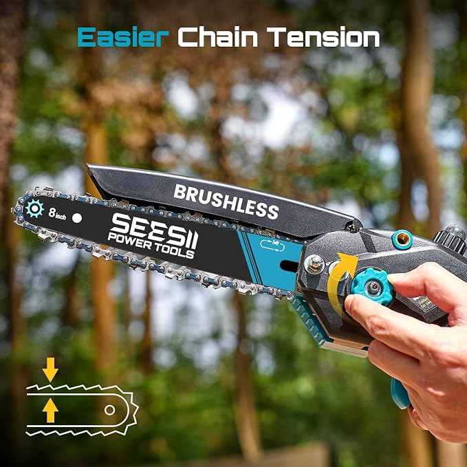 SEESII Mini Chainsaw Cordless, 8 Inch & 6 Inch Electric Chainsaw with 2 Batteries & Auto Oiler, 1000W Brushless Handheld Chain Saw for Tree Branch Wood Cutting, Garden Tools Gift for Men Dad Husband
