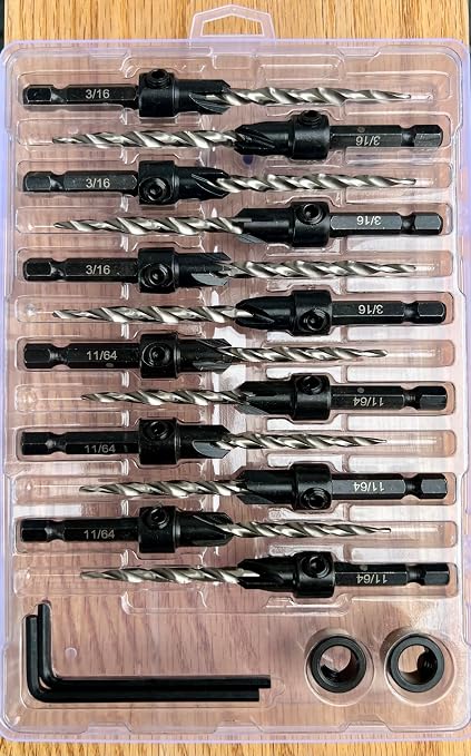 FTG USA Countersink Drill Bit Set 6 Pc #8 (11/64"), 6 Pc #10 (3/16") Tapered Countersink Bit, Stop Collar, Hex Wrench, Woodworking Countersink Drill Bits