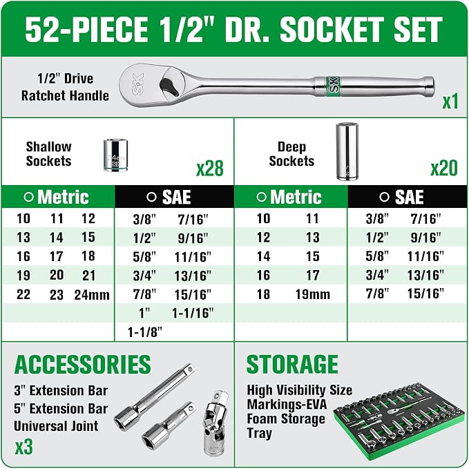 SK 1/2" Drive Socket Set with 160-P Ratchet, 52-Piece, SAE & Metric | SuperKrome Finish, Premium CR-V Steel, Heat Treated, with EVA Foam Tool Organizer