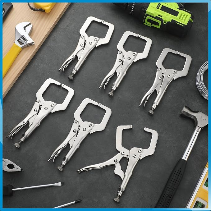 Yexiya 6 Pcs 6 Inch Locking C Clamp Original Lock Regular Tips Plain adjustable Alloy Steel Locking C Clamp for Woodworking Carpentry Welding Electrical Equipment, Silver