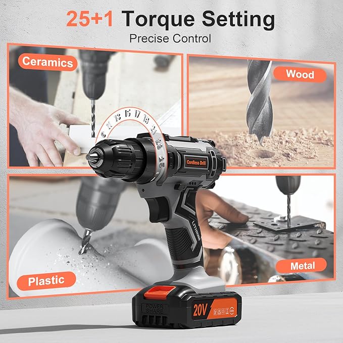 Cordless Drill Set, VIWKO 20V Power Drill with Power Pack 2.0Ah and Charger, 3/8-Inch Keyless Chuck Electric drill, 25+1 Position, 42pcs Drilldriver Bits/Screws for DIY Projects (Black Grey)