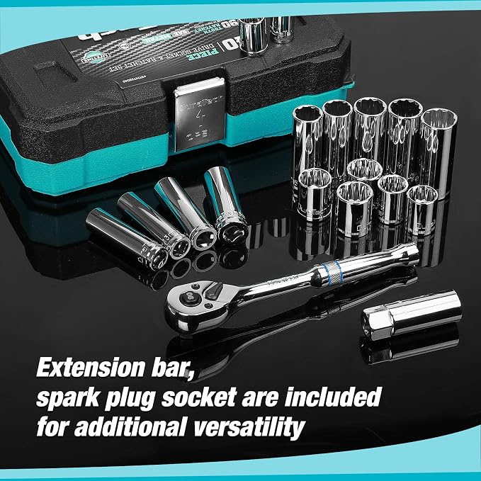 DURATECH 3/8" Drive Socket Set, 40-Piece Metric & SAE Tool Set | Includes 90-Tooth Ratchet Handle and Extension Bar for Auto Repair, Maintenance and DIY Work