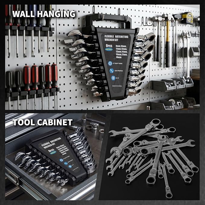 Garvee 9 Piece Metric Ratcheting Wrench Set Combination Ratcheting Wrench | 72-Tooth 5° Swing Arc CR-V Steel | Metric 8-19 mm Coverage for Automotive Repair, Mechanical Maintenance DIY Project