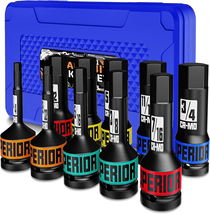 1/2" Drive Master Impact Hex Bit Socket Set, SAE, 10 Pieces 1/2" Drive Impact Allen Bit Socket Set, 1/4" - 3/4", Cr-Mo Steel, Heavy Duty Storage Case