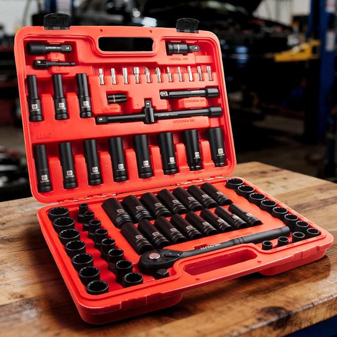 LLNDEI 1/2" Drive Socket Set 72Pcs 6 & 12-Point SAE/Metric CR-V | Deep & Shallow, Ratchet, Extensions, Universal Joint, Adapters & Bits, for Auto Repair, Truck Maint, Machinery & Garage DIY
