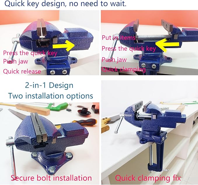 Dual-Purpose Combined Bench Vise or Table Vise, multifunctional jaw, Universal Rotate 360° Work Clamp-On Visewith Quick Adjustment, 3.3" Blue