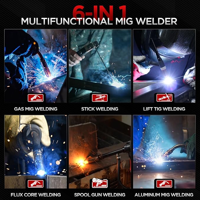 ANDELI 205A MIG Welder, 6-In-1 Multi Process Gas MIG/Spool Gun MIG/Flux Core MIG/Spot welding/Lift TIG/Stick Aluminum MIG Welding Machine With Large LED Display，110/220V Dual Voltage Welder Machine