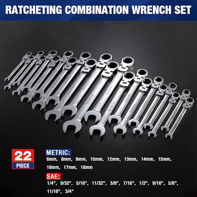 WORKPRO 22-Piece Ratcheting Wrench Set, Flex-Head & Polished | Metric & SAE (6-18 mm & 1/4-3/4''), 72 Teeth Cr-V Steel, Combination Wrench Set with Organizer Box for Auto Repair & Home DIY