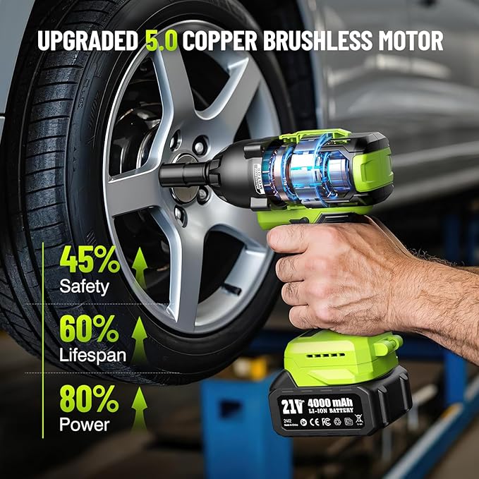Robustrue Cordless Impact Wrench, 885Ft-lbs (1200N.m) 1/2" Brushless Impact Gun, 21V High Torque Power Impact Driver, 2x4.0Ah Batteries Electric Impact Motor Variable Speeds for Car/Truck RV/Mower