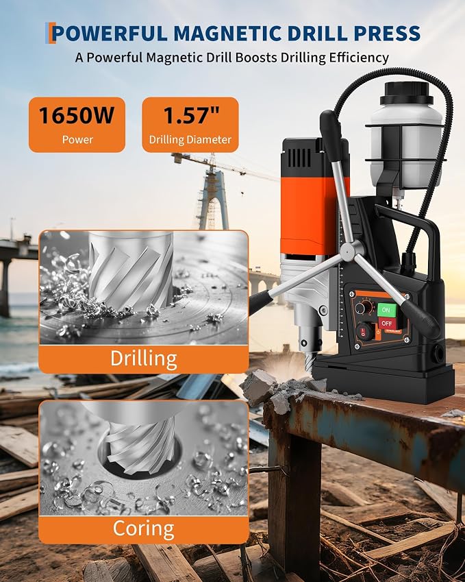 Garvee Magnetic Drill, 1650W 1.57" Boring Diameter, 2922lbf Power Portable Magnetic, 810 PRM, 10-Speed，with 10Pcs Drill Bits 3Pcs Twist Drill and 1Pcs Plastic Box for Metal Surface, Industrial