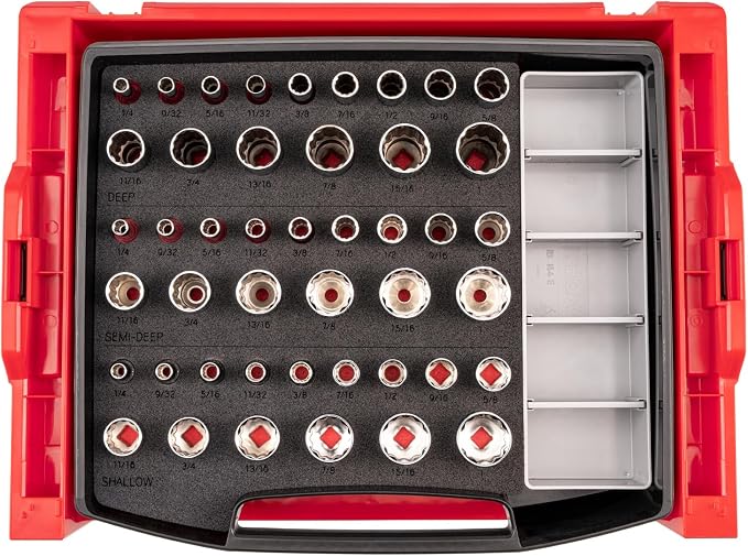 TEKTON 3/8 Inch Drive 12-Point Socket Set, 45-Piece | SHD91703 | (1/4 - 1 in.), Shallow, Semi-Deep, and Deep, Stacking Organizer, Custom Foam