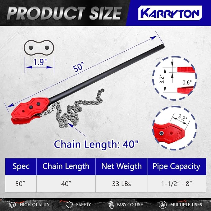 50" Chain Pipe Wrench, Fits 1.5"-8" Pipe Diameters, 40" Chain Length Max Breaking Load 22000LBs, Heavy Duty Chain Tongs for Pipe Installation, Oil Fields Operations and Maintenance