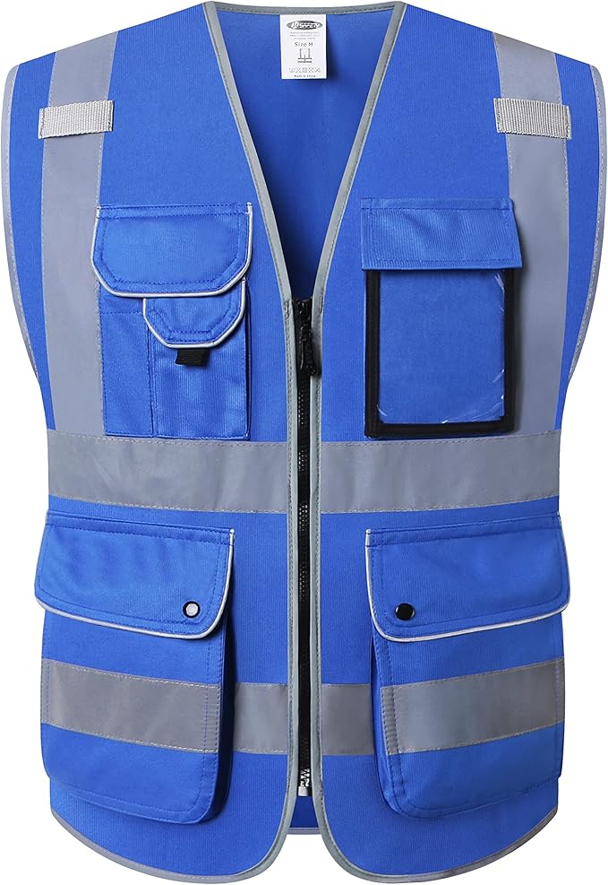 JKSafety 9 Pockets High Visibility Zipper Front Safety Vest With Reflective Strips Meets ANSI/ISEA Standard (150Blue-XL)