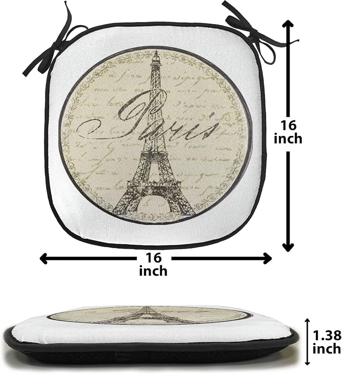 Lunarable Paris Chair Cushion Pads Set of 8, Vintage Wall Sign France Theme Famous Landmark Tourism Travel Destination, Anti-Slip Seat Padding for Kitchen & Patio, 16"x16", Khaki Black White