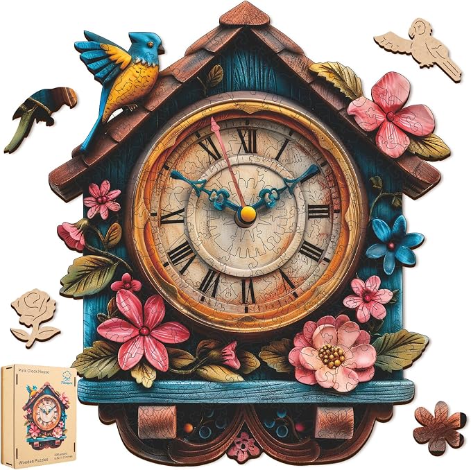 Pikoqunc Puzzles for Adults, Pink Clock House 500 Pieces Jigsaw Puzzle, Unique Shaped Wooden Puzzles, Fun Family Game, for Women, Friends & Family 15.4'' x 17.7''
