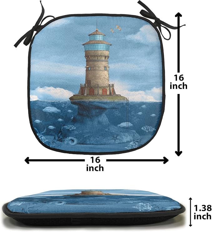 Lunarable Lighthouse Chair Cushion Pads Set of 4, Lighthouse Seagulls Birds Architecture Maritime Reef Fish Undersea Scenic View, Anti-Slip Seat Padding for Kitchen & Patio, 16"x16", Blue Brown