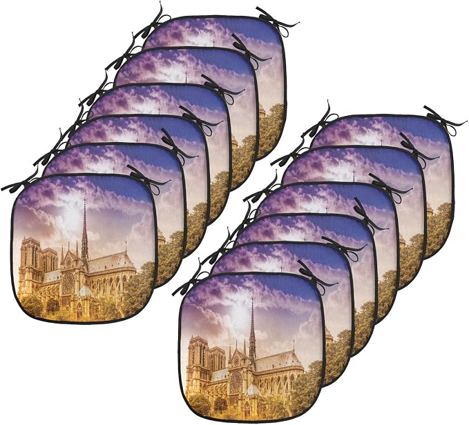 Lunarable Paris Chair Cushion Pads Set 12, Notre Dame Paris Parisian Gothic Trees Forest Sun Cloudy Sky, Anti-Slip Seat Padding for Kitchen & Patio, 16"x16", Yellow Pink Violet Blue