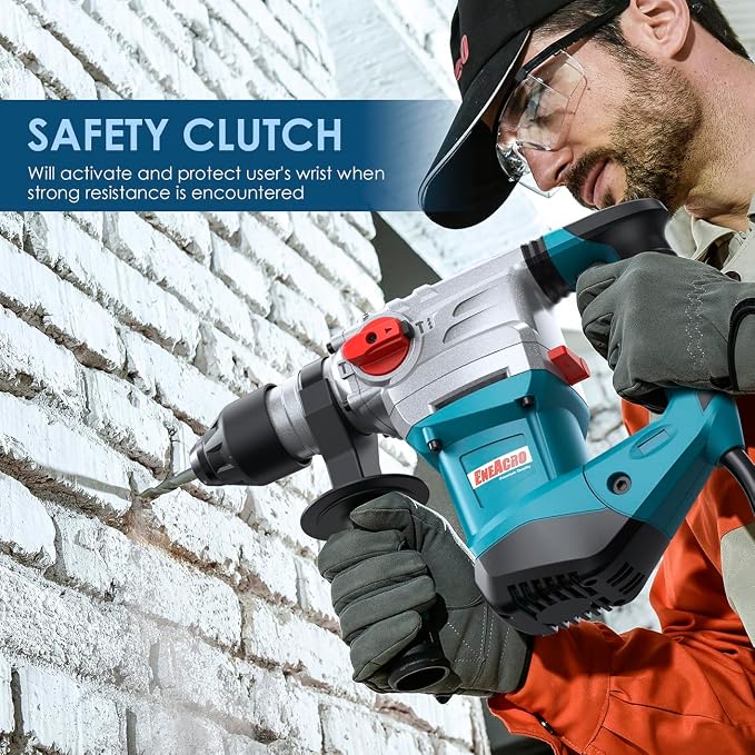 ENEACRO 1-1/4 Inch SDS-Plus 13 Amp Heavy Duty Rotary Hammer Drill | Safety Clutch, 4 Functions, Vibration Control, Includes Grease, Chisels & Drill Bits, With Case