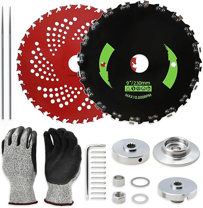 Brush Cutter Trimmer Conversion Kit with 9" x20T Carbon Steel Chainsaw Brush Cutter Blade & 9" x36T Carbide Tipped Blades, Compatible with Echo Models SRM-225, SRM-225i, SRM-266, SRM-280