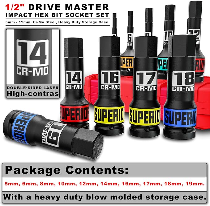 1/2" Drive Master Impact Hex Bit Socket Set, Metric, 10 Pieces 1/2" Drive Impact Allen Bit Socket Set, 5mm - 19mm, Cr-Mo Steel, Heavy Duty Storage Case
