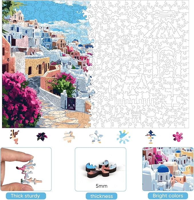 Mys Aurora Scenery Puzzles for Adults, Santorini Wooden Puzzles, 200 Pieces Unique Shaped Jigsaw Puzzle Birthday Gift Challenging Family Game for Kids and Adults 12.6 * 8.6 inch