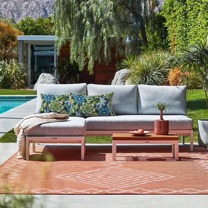 LVTXIII 2 Pack Outdoor Lumbar Pillows 12x20 Inch with White Piping, Fade Resistant Support Throw Pillows with Inserts for Patio Furniture, Sofa, Chair, Bohemian Azure