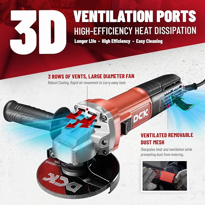 DCK 9.0 Amp Angle Grinder, 4-1/2 Inch Electric Grinder Power Tool, 11800 RPM, Auxiliary Handle and 2 Safety Guards, 6 Piece Discs, Copper Angle Grinder for Cutting, Grinding, Polishing (KSM17-115B)