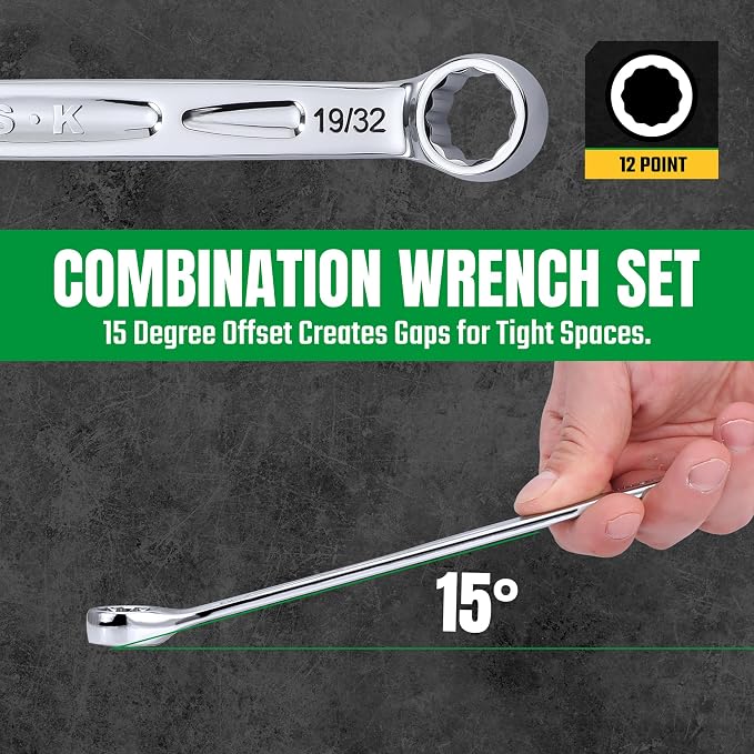 SK Combination Wrench Set, SAE 5/16'' to 3/4'', 11-Piece, CR-V Steel | 12-Point, SureGrip Drive Design, 15-Degree Offset End, Drop Forged, SuperKrome Finish, with Rolling Pouch
