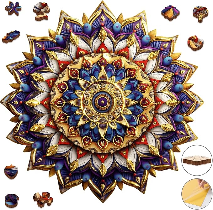 Delobil Geometric Mandala Wooden Puzzles for Adults, 200 Pieces (11.4 x 11.3 Inches) 5mm Thick Extra Sturdy with Unique Animal & Plant Shaped Irregular Pieces, Wooden Box Gift for Adults