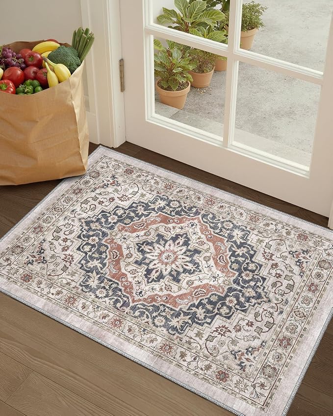 Color&Geometry Vintage Kitchen Rugs Sets of 3, Machine Washable 4mm Ultra Thin Stain Resistant Kitchen Floor Mats, Non Slip TPE Backing Runner for Sink,Hallway,Laundry,Entryway (2x3+2x5+2x7)