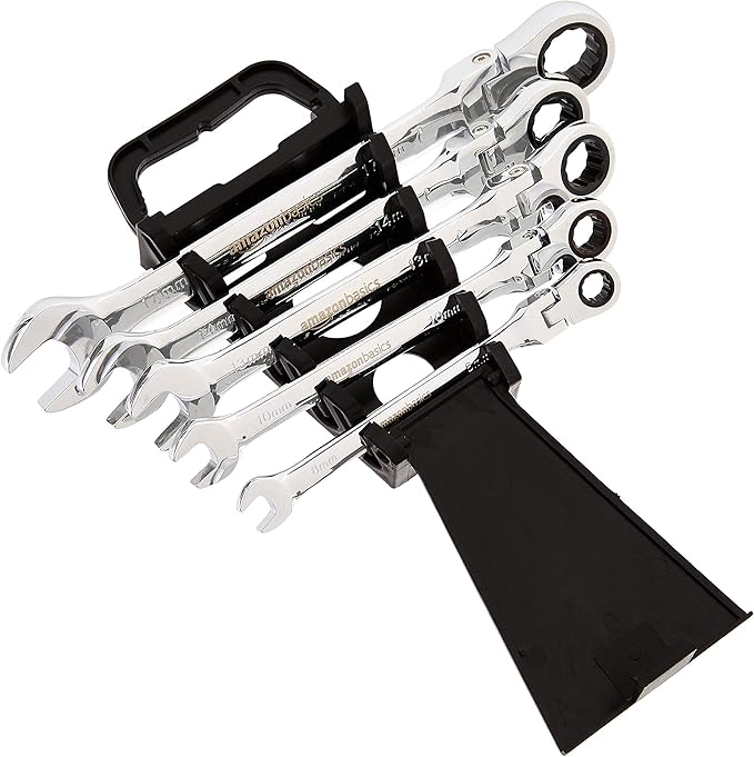 Amazon Basics 72-Tooth Ratcheting Combination Wrench Set, Chrome Vanadium Steel Flex Head, 5-Piece Metric, 180° Flexible