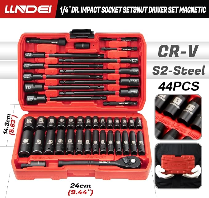 1/4" Drive Socket Set Nut Driver Set with Ratchet, 44Pcs Wrench Tool Set | 1/4-Inch Sockets Deep&Shallow Metric(4-15mm), 1/4" Hex Shank 6" Long Nut Drivers(6-14mm) for Impact Drill Bits(PH1 PH2)