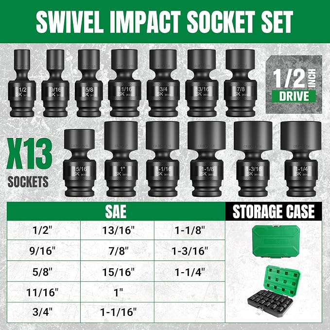 SK 1/2" Drive Swivel Impact Socket Set, Universal Joint Socket, 13-Piece | 1/2" to 1-1/4", Premium CR-MO Steel, SureGrip 6 Point Design, with Storage Case