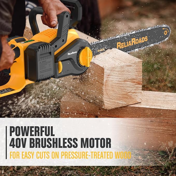 ReliaRoads 16-Inch Brushless Chainsaw, 40V (2 x 20V MAX) Cordless Battery Powered Chain Saw Kit (Includes 2 Chains) Compatible DeWALT Battery for Wood/Tree Cutting and Pruning (Battery Not Included)