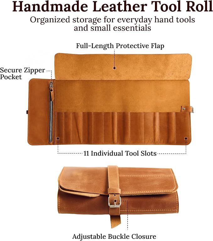 Genuine Leather Tool Roll – Compact Roll-Up Tool Organizer with Multiple Pockets for Wrenches, Screwdrivers & Pliers – Portable Leather Tool Storage Case, Warm Brown (Tools Not Included)