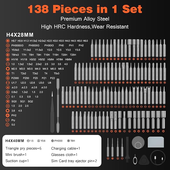 138-IN-1 Electric Screwdriver Set Cordless, Rechargeable Screw Driver with LED Light, 120 Precision Bits, Magnetic Storage Professional Home Repair Tool Kit for Electronics, Camera, Watch, PC RC