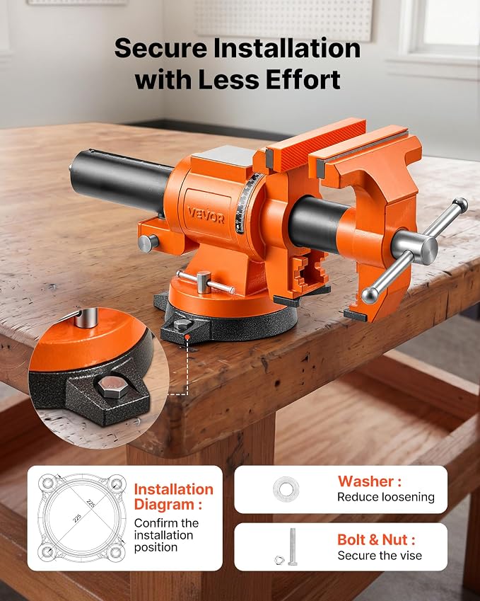VEVOR Heavy Duty Bench Vise, 6" Jaw Width, Double Swivel Rotating Multi-Purpose Bench Vise, with 360° Locking Swivel Base and Head, 2.8" Throat Depth, 6" Max Jaw Opening, for Drilling, Pipe Cutting