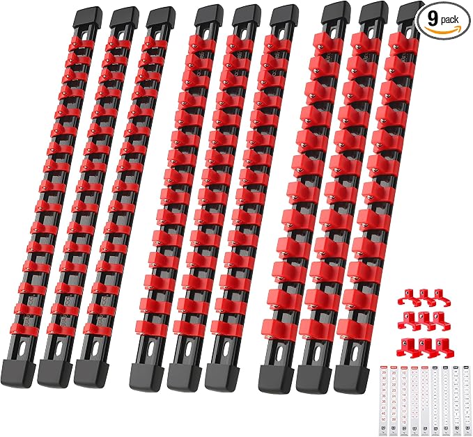 Reniteco 9-Pack Socket Organizer Set, 1/4" x 48 3/8" x 45 1/2" x 36 Clips | 129 Clip Capacity, Havy-Duty ABS Socket Rails, Removable Clips, Drive Socket Storage, Toolbox Drawer or Wall Mount