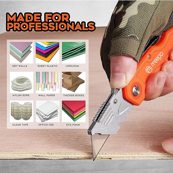 M MEEPO Box Cutter, 20-Pack Tough Folding Box Cutter Bulk for Heavy Duty Purpose, Razor Sharp Utility Knife Bulk, with Extra 50-Piece Blades, Can cut Drywall, Sheet Plastic, Linoleum, Boxes, Rope