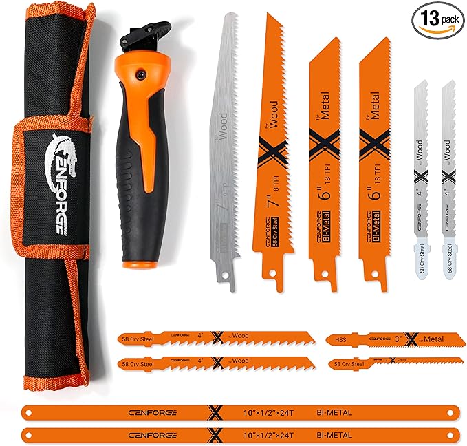 13-Piece Multi-Purpose Hand Saw Set - Manual Reciprocating Saw Handle with 12 Assorted Blades - Portable Jab Saw Kit for Wood, Metal, Drywall, Plastic & Pruning - Includes Storage Pouch