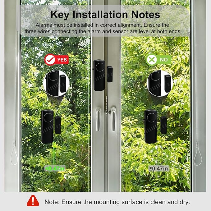 Door Window Alarm - 90dB Loud Home Security Sensor for Kids Safety, Burglar Alert for House, Apartment, Office, Hotel & Pool Window, Black (2 Pack)