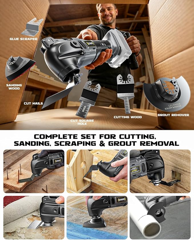 DIYtoolifz Cordless Oscillating Tool Compatible with Dewalt 20V Battery, 6 Variable Speed Brushless-Motor Oscillating Multi Kit for Cutting Wood Drywall Nails Remove Grout & Sanding(Tool Only)