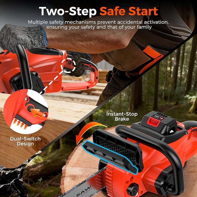 12" & 16" Electric Chainsaw Cordless, 21V Battery & Fast Charger,Brushless Chain Saw Kit with Safety Goggles and Gloves，Auto Oiling for Tree Pruning and Wood CuttingBranch
