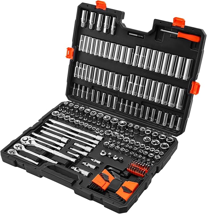 VEVOR Socket Set, 225 Pieces, 3/8 & 1/4 & 1/2 inch Drive Socket and Ratchet Set, SAE and Metric, Deep and Shallow, Mechanic Tool Kit with Bits, Accessories, Storage Case, CR-V Alloy Steel, for Repair | CR-V, SAE and Metric, Deep and Shallow, Car and Mo...