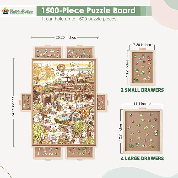 BuilderButler 1500 Pieces Rotating Puzzle Board with 6 Drawers,34.25"x25.2" Portable Wooden Jigsaw Puzzle Table with Lazy Susan Spinning Cover
