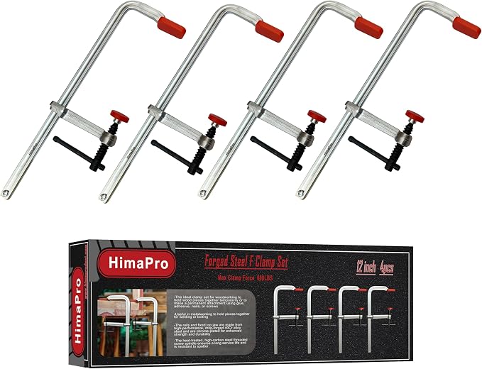 HimaPro 12 Inch Medium Duty Bar Clamp Set, 4 Pack – Drop Forged Steel F-Clamps with 600 lbs Load Capacity and 3-5/32 Inch Throat Depth for Welding, Woodworking, and Metalworking
